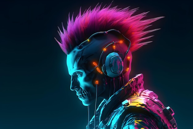 Retrowave サイバー パンク サイボーグ ロボット犯罪者ハッカー サイエンス フィクションの頭蓋骨の 3 D イラストレーションに直面したモヒカン刈りの髪のサイボーグ ジェネレーティブ Ai