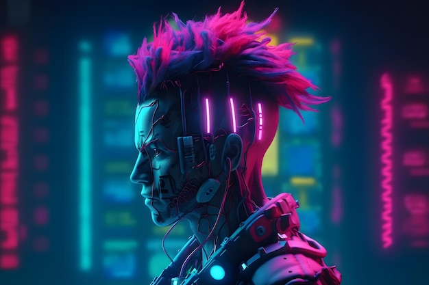 Retrowave киберпанк киборг робот криминальный хакер 3D иллюстрация научно-фантастического киборга с лицом черепа и волосами-ирокезами Generative Ai