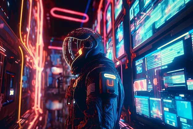 Retrowave 仮想端末にアクセスする宇宙服を着た男性のネオン イラスト エイリアン データ インターフェイス エクスプローラー 宇宙飛行士 ジェネレーティブ Ai