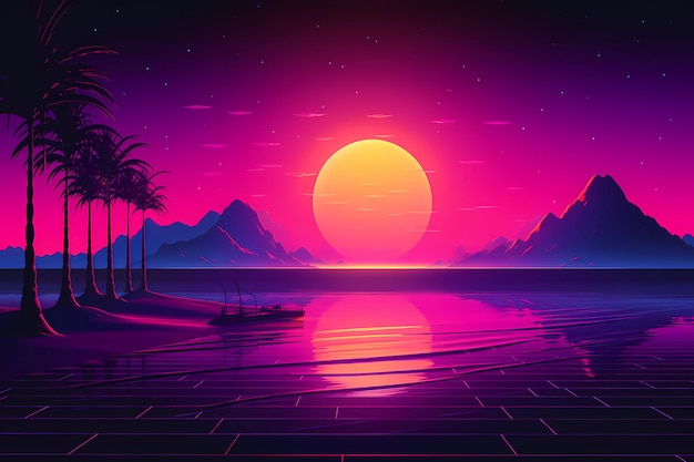 Retrowave of synthwave stijl poster wallpaper achtergrond nacht raster poster generatieve ai