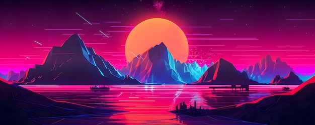 Photo retrowave sunset in low poly style illustration