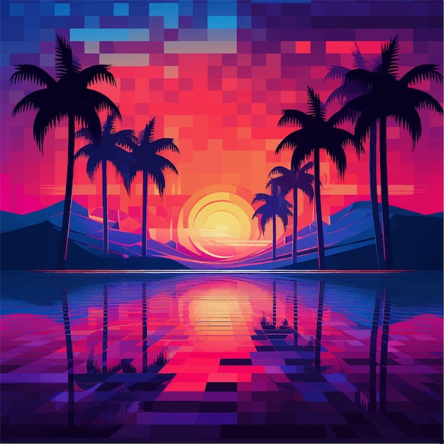 Retrowave sunset in low poly style