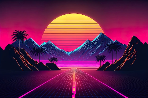 Retrowave synthwave back side view 80s vaporwave cyberpunk sunset background Back to 80's concept wallpaper Generative AI