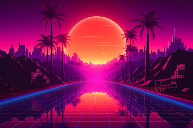 Retrowave or synthwave style poster wallpaper background night grid poster generative ai