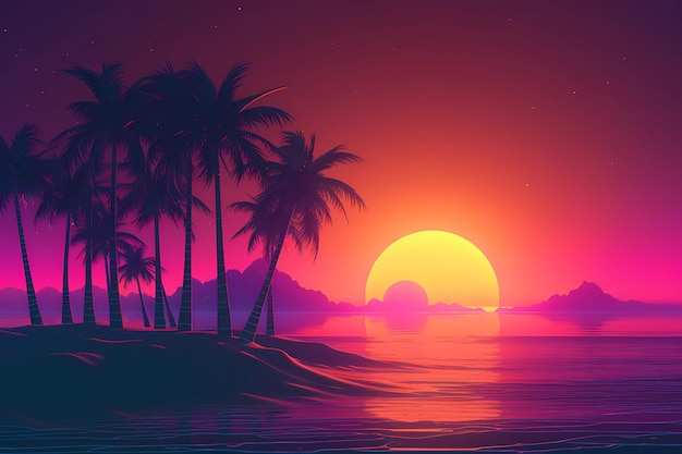 Retrowave or synthwave style poster wallpaper background night grid poster generative ai