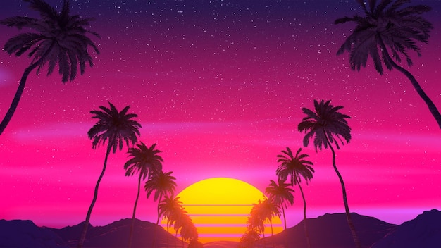 Retrowave Tropical Landscape Palms Mountains and Sun