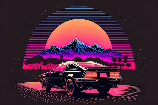 Retrowave vintage illustratie synthwave paarse achtergrond Generatieve AI