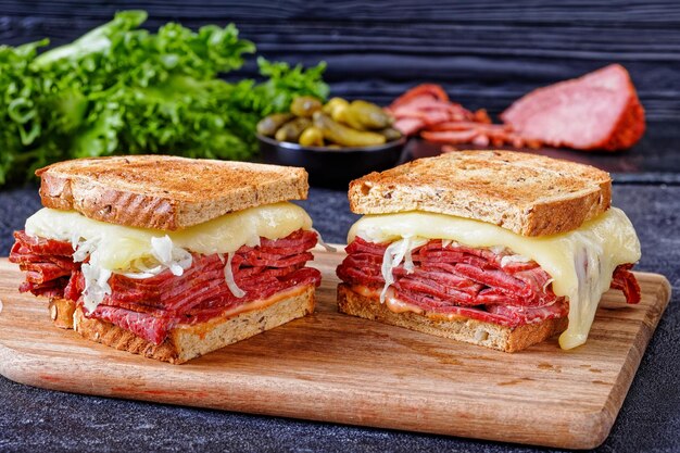 reuben sandwich with corned beef top view