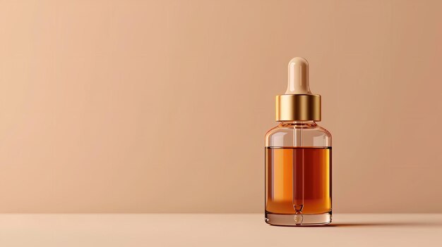 Reusable amber glass oil or serum bottle with a leafy shadow on a beige backdrop generative ai