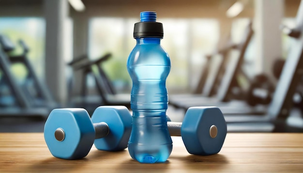 reusable bottle of water and dumbells in a gym