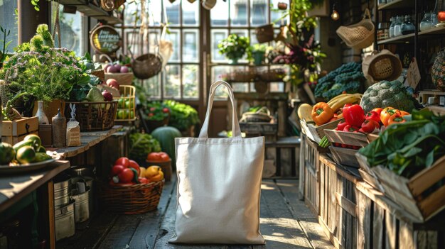 Reusable canvas tote bag for food shopping at rustic market