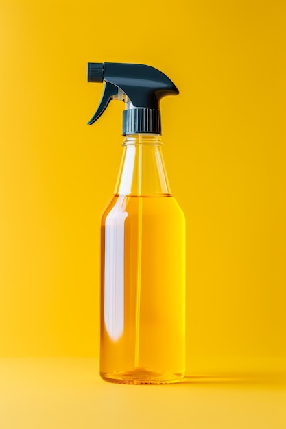 A reusable glass cleaning spray bottle isolated on a yellow gradient background