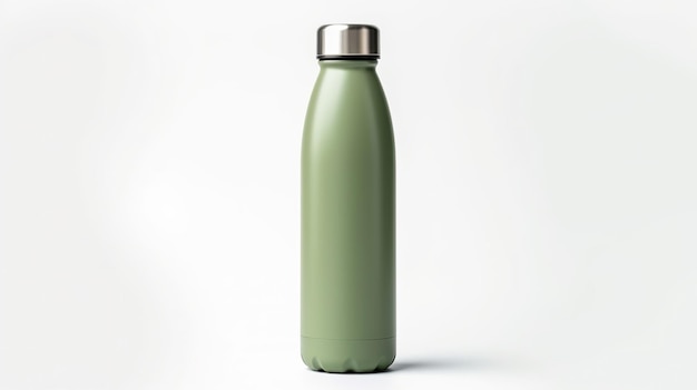 Многоразовая зеленая металлическая бутылка с водой, изолированная на белом фоне Generative ai