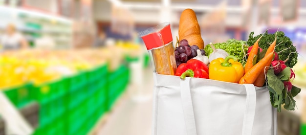 Reusable shopping bag with fresh vegetables, healthy food