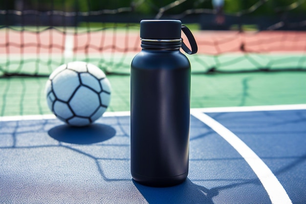 Reusable stainless steel water bottle on the court next to the tennis ball