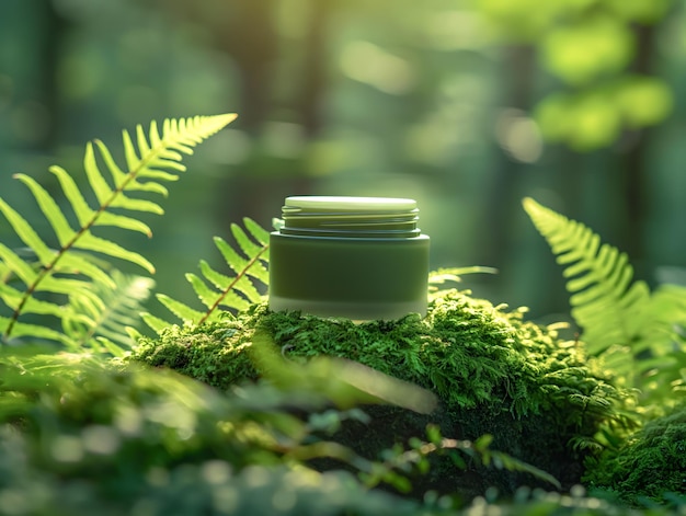 사진 reusable travel mug amidst lush forest ferns in sunlight