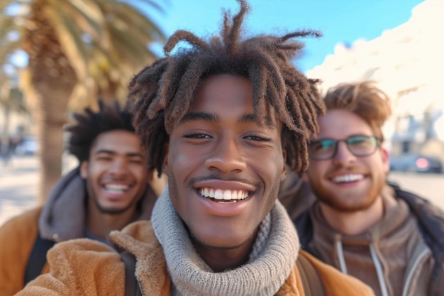 A reusable young group of happy people takes a selfie photo on a camera outside