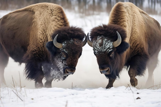 Reusachtig buffelpaar dat op sneeuw botst