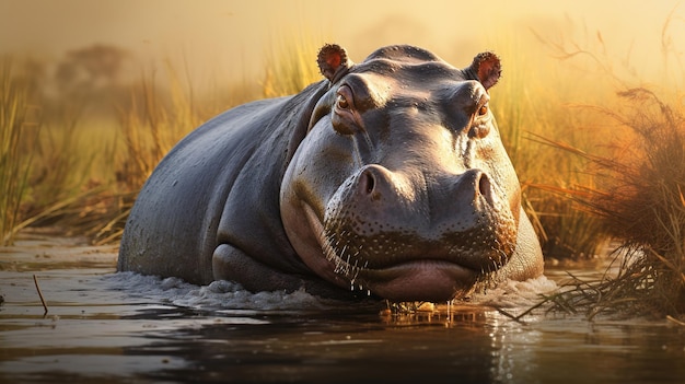 Reusachtig nijlpaard dat in de rivier zwemt Generatieve AI