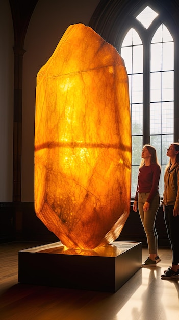 Reusachtige gepolijste ambermonoliet tentoongesteld in een museum