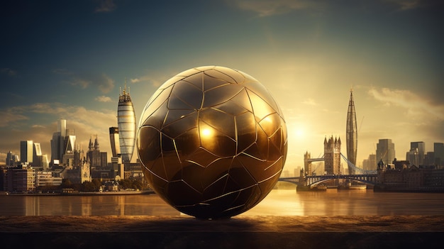 Reusachtige gouden voetbal, stadsbeeld op de achtergrond, prachtige illustratie, generatieve AI.