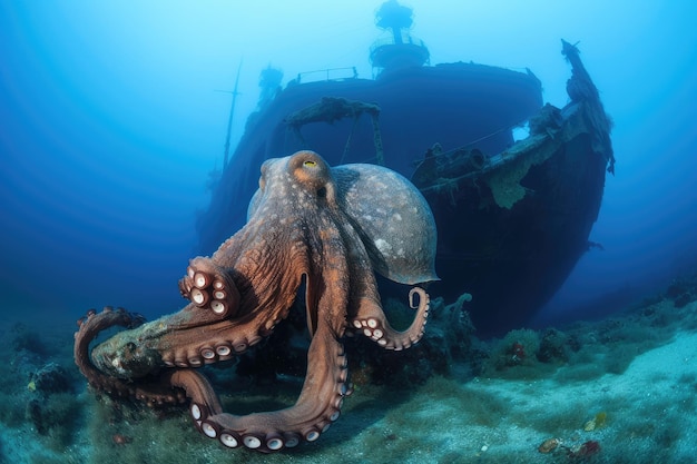 Reusachtige octopus die zijn tentakels om het gezonken schip wikkelt