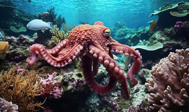 Reusachtige octopus op kleurrijke zeebodem gecreëerd met behulp van generatieve AI-tools