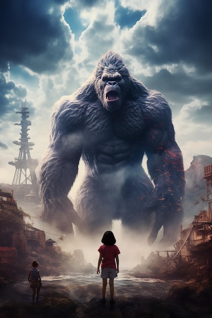 reusachtige volwassen Kong Kaiju ziet eruit als een klein meisje cinematische 4K hyperrealistische Monsterverse