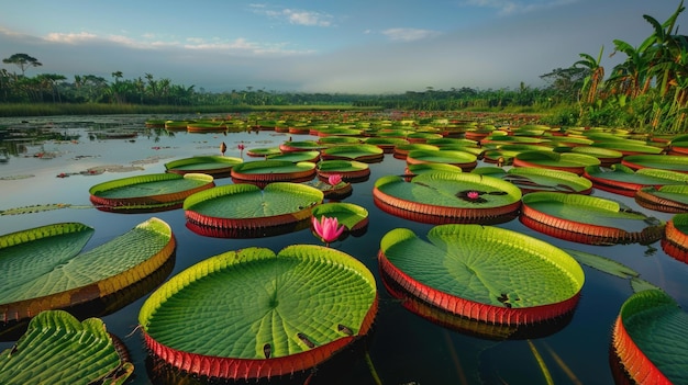 Reusachtige waterlelies Victoria amazonica op een vijver bij zonsondergang