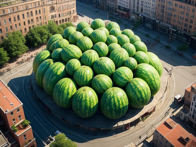 Foto reusachtige watermeloenen van de grootte van grote gebouwen in het stadscentrum