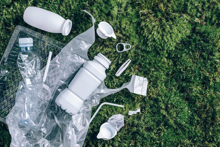 Photo reuse garbage recycle plastic free food plastic packaging trash on green moss background after picnic in forest top view copy space recycling plastic environmental pollution ecology concept