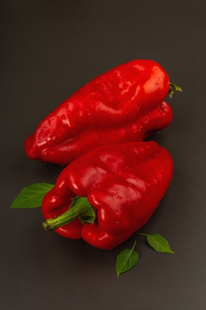 Reuze rode paprika geïsoleerd op zwarte stenen achtergrond. Zoete groente, nieuwe oogst, vers ingrediënt voor gezonde voeding. Donker culinair behang, kopieer ruimte