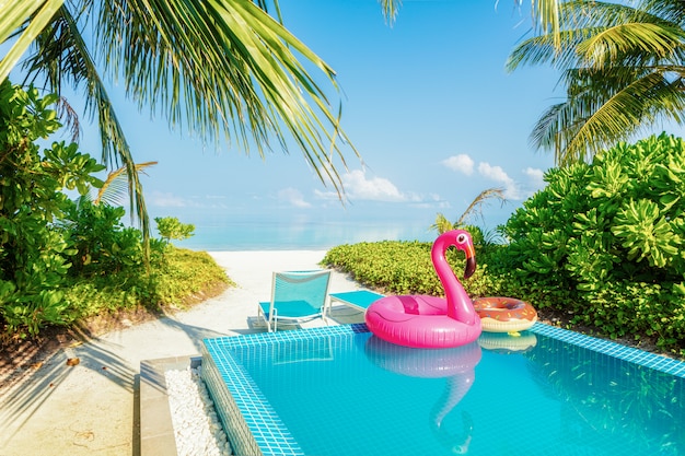 Reuze Roze opblaasbare zwaan door blauw poolwater bij laxery tropische villa. Zomervakantie vakantie