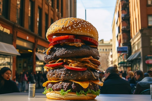 Foto reuzenburger met heerlijke ingrediënten in de stad ai generative