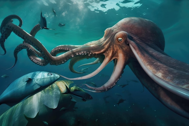 Reuzeninktvis wikkelt tentakels rond gigantische octopus in epische onderwaterstrijd