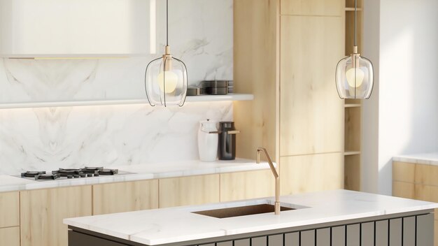 Photo revealing shot of a modern kitchen with a standalone sink and beautiful accents