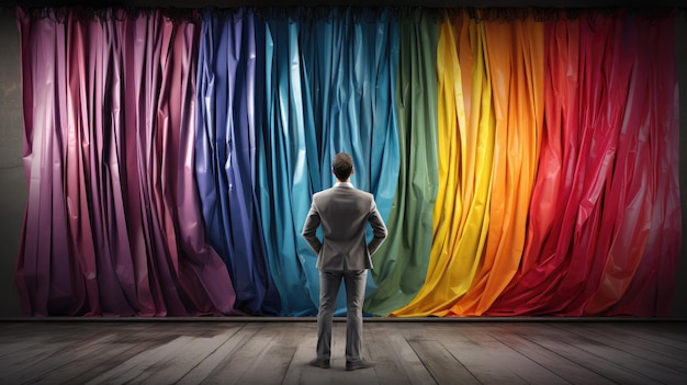 Photo revealing a vibrant new world as man pulls up the curtain sparking curiosity