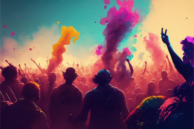 Revelers toss pigmented powder at Holi celebration Fantasy concept Illustration painting Generative AI