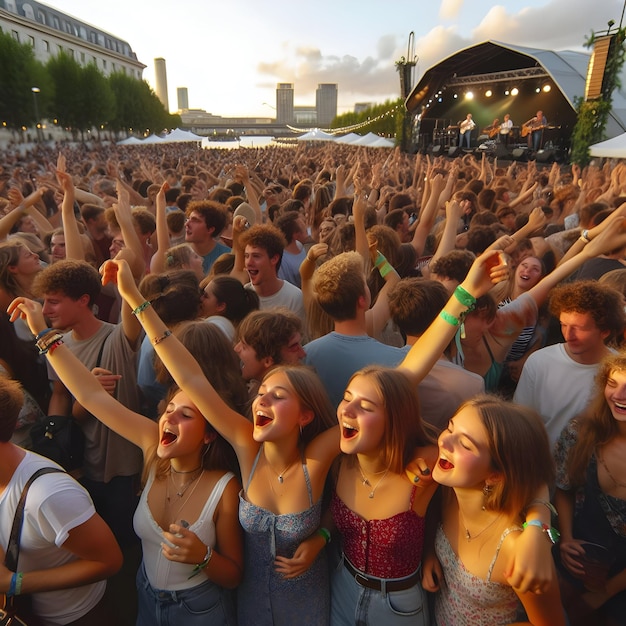 Foto i festeggiati cantavano e danzavano al suono di musica dal vivo in un concerto all'aperto in un parco affollato in una serata calda