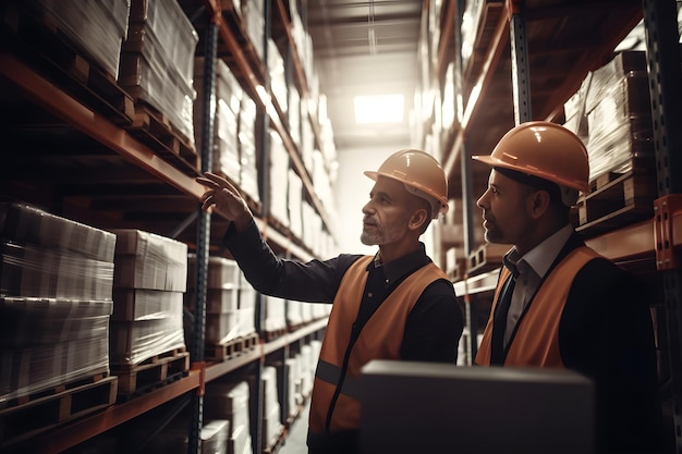 Photo revision managers discussing amount of loaded goods in racks generative ai warehouse logistics workers business storage