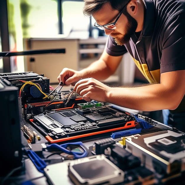 Foto rianimare i computer tecnico esperto restauro riparazione e aggiornamento dell'hardware informatico