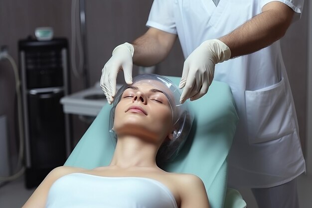 Photo reviving man's hair female dermatologist and trichologist perform procedure to stimulate hair growt