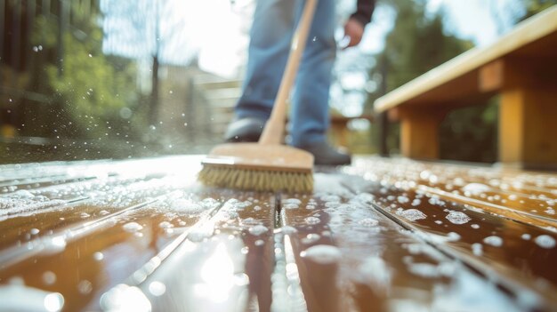 Photo reviving the wood a detailed glance at a mans spring cleaning efforts on a sparkling 169 terrace