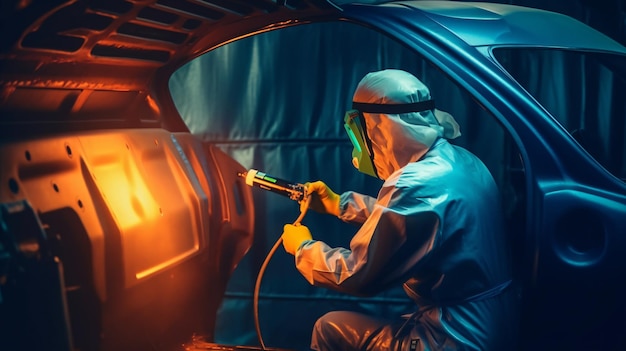 Revolutionizing Auto Painting A Skilled Worker in Protective Gear Uses a Power Drill to Perfectly Coat a Car with GenerativeAI