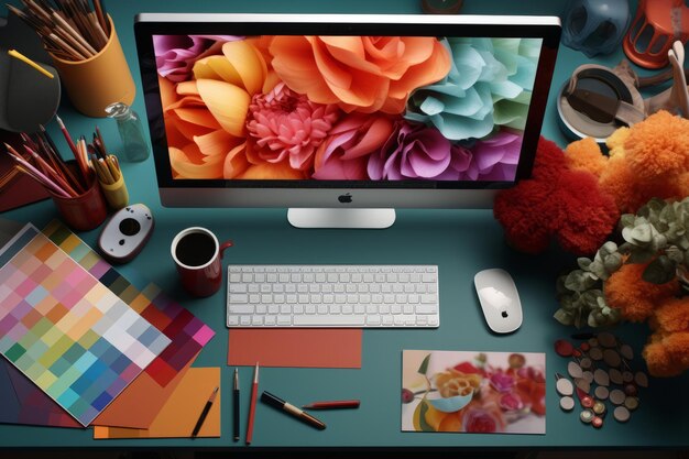 Photo revolutionizing design a modern designer's workspace with cuttingedge technology and vibrant color