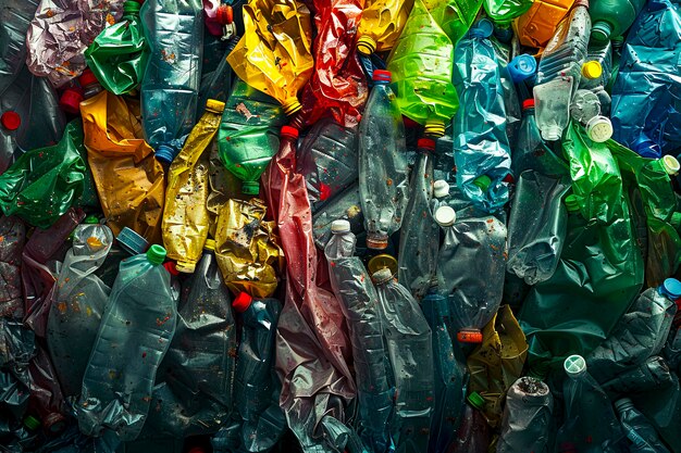 Photo revolutionizing environmental awareness through colored plastic recycling solutions for combatting pollution created with generative ai technology