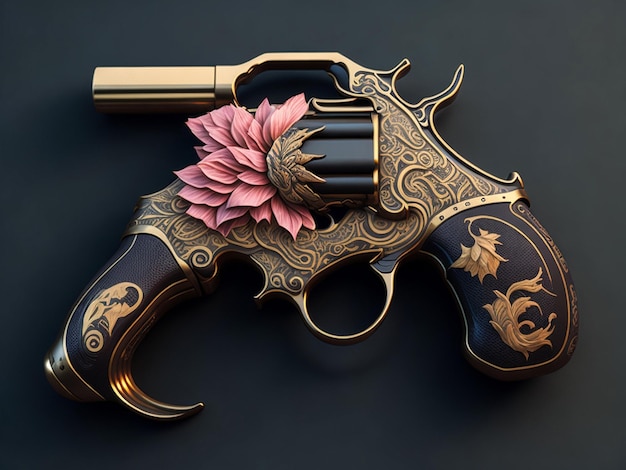 Photo revolver and flowers vector illustration on black background