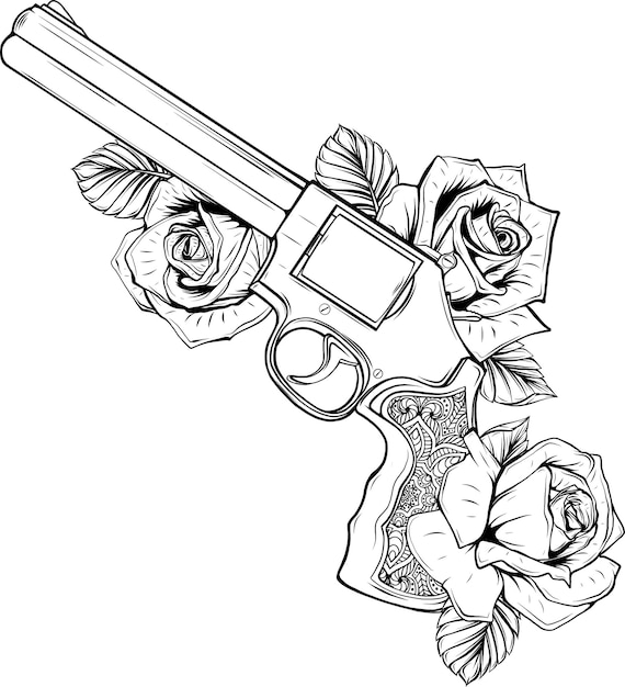 Revolver with rose isolated on white in monochrome style colourful illustration