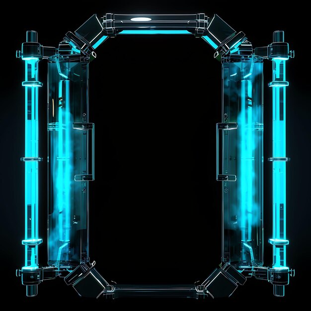 Photo revolving gate with blue neon accents and biometric authenti glowing object y2k neon art design