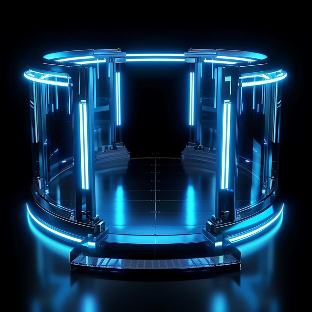 Photo revolving gate with blue neon accents and biometric authenti glowing object y2k neon art design